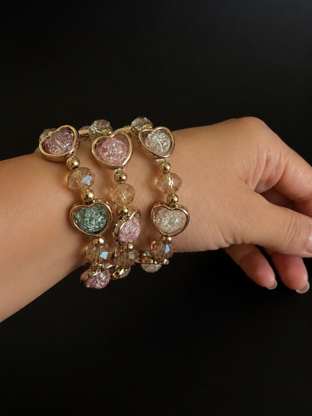 3 piece Set - Gold-tone Heart Bead Stretch Bracelet Set